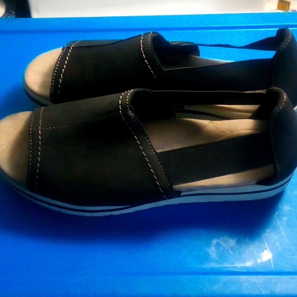 Earth Origins Womens Carley Connie Wedge Sandal 9.5M Black Leather Open Toe #J